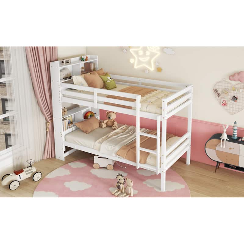 Roomfitters Twin Over Twin Rubber Wood Bunk Bed with Shelves Headboard, Convertible Design, Ladder and Safety Guardrails