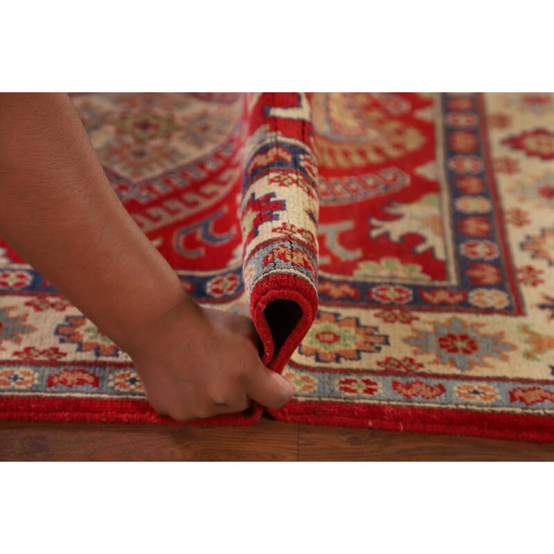 Red Geometric Kazak Foyer Rug Handmade Wool Carpet - 3'4"x 5'0"