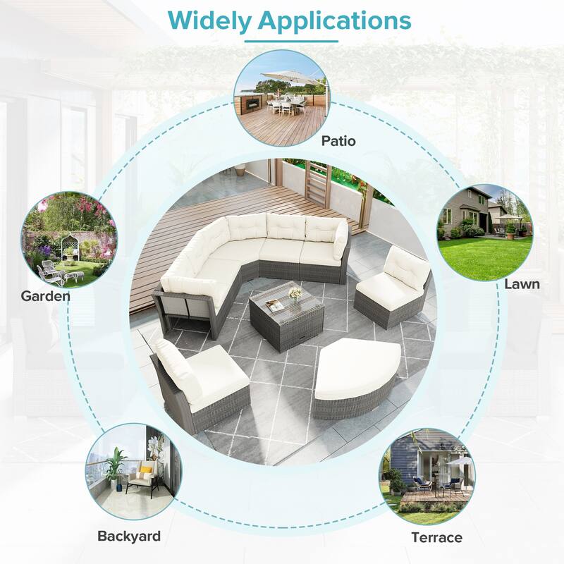 Roomfitters Outdoor Rattan Sectional Daybed Furniture Set with Cushions & Center Table for Patio