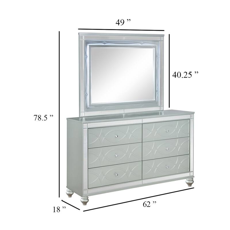 Gina Wide Dresser with Mirror, 6 Drawers, Silver Metallic Wood Frame