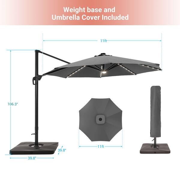 11 ft led round offset patio umbrella Best Choice Products 10ft 360 Rotating Cantilever Hanging Market w/ Solar Lights the umbrella gains a higher compressive capacity 270gsm solution BONOSUKI 11FT LED Cantilever Patio