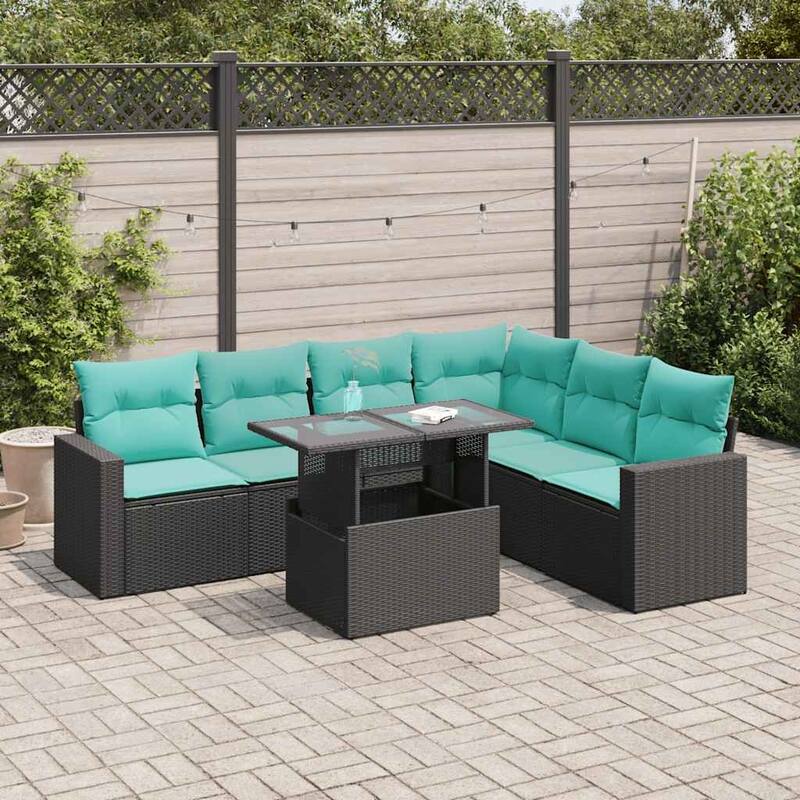 vidaXL 7 Piece Patio Sofa Set with Cushions Black/Brown/Gray Poly Rattan - 24.4 x 24.4 x 27.2 - Black with storage
