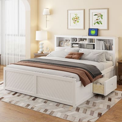 King Size Wood Platform Bed with Multi-storage Headboard, USB and Drawers