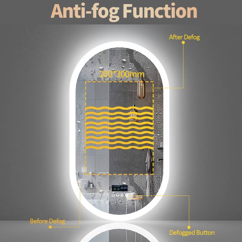 Oval LED Bathroom Mirror with Lights, Anti-Fog, Bluetooth Speaker, 3 Colors, Dimmable, Memory