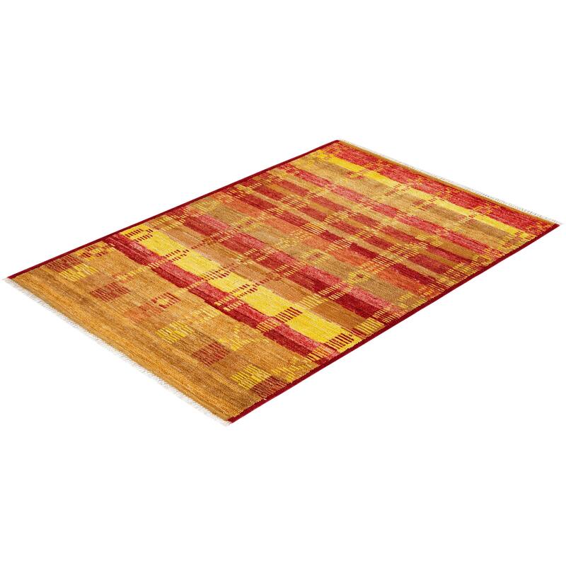 Overton Hand Knotted Wool Vintage Inspired Modern Contemporary Modern Red Area Rug - 4' 3" x 6' 0"