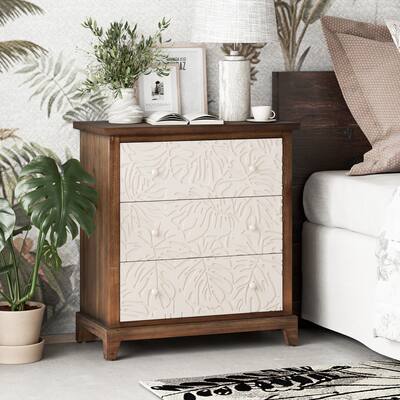 COZAYH Rustic Farmhouse 3-Drawer Nightstand with Leaves Pattern Carved, Vintage French Country Dresser Chest Accent Cabinet