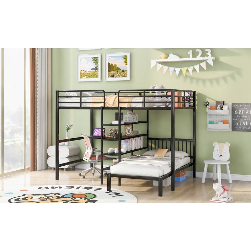 Full Over Twin Metal Bunk Bed with Desk and Storage Shelves, Heavy-Duty Frame, No Box Spring Required