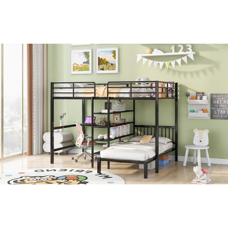 Roomfitters Full over Twin Metal Bunk Bed with Integrated Desk, Shelves and Side Ladder