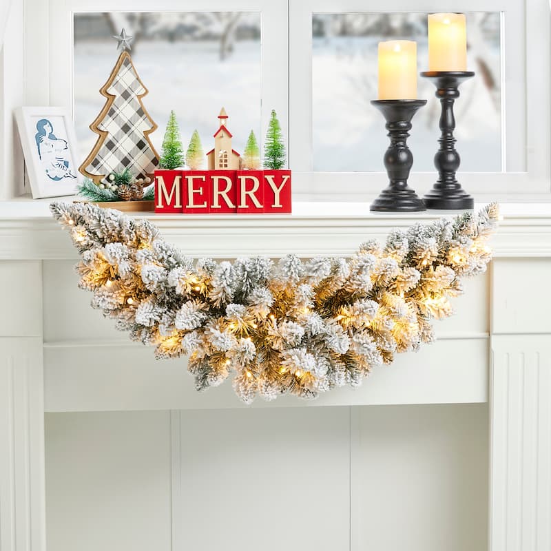Glitzhome 3ft Pre-Lit Snow Flocked Flower Christmas Swag - Snow Flocked