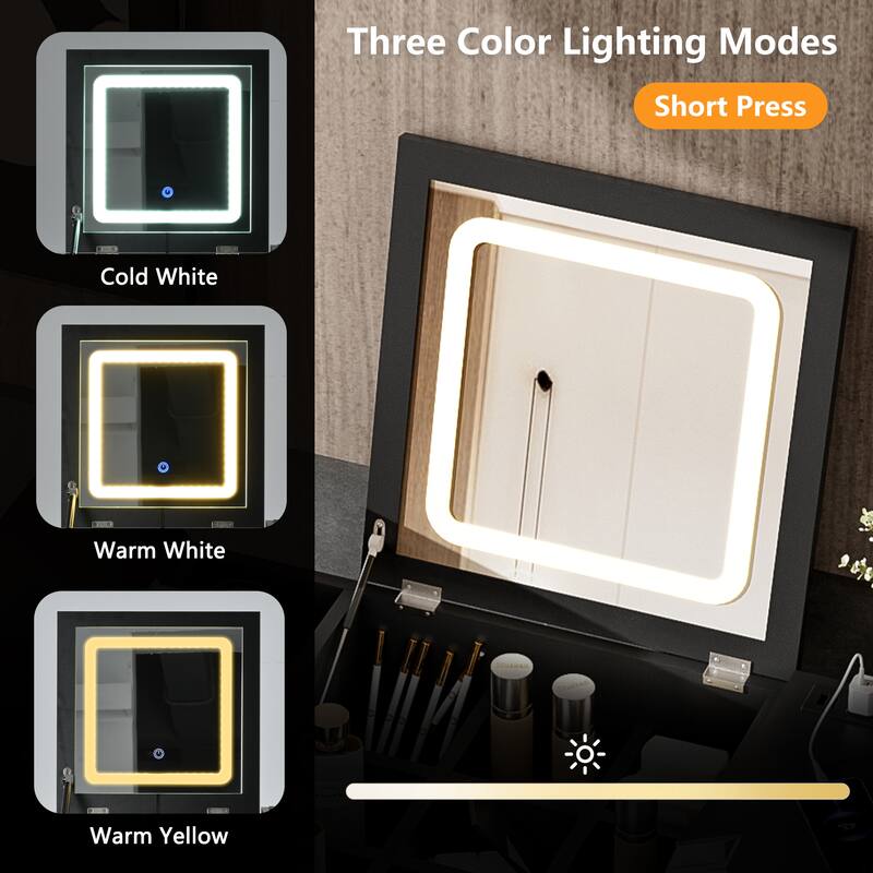 27.9" Black Makeup Vanity Desk with Flip Top Mirror&LED Light, Dressing Table with Charging