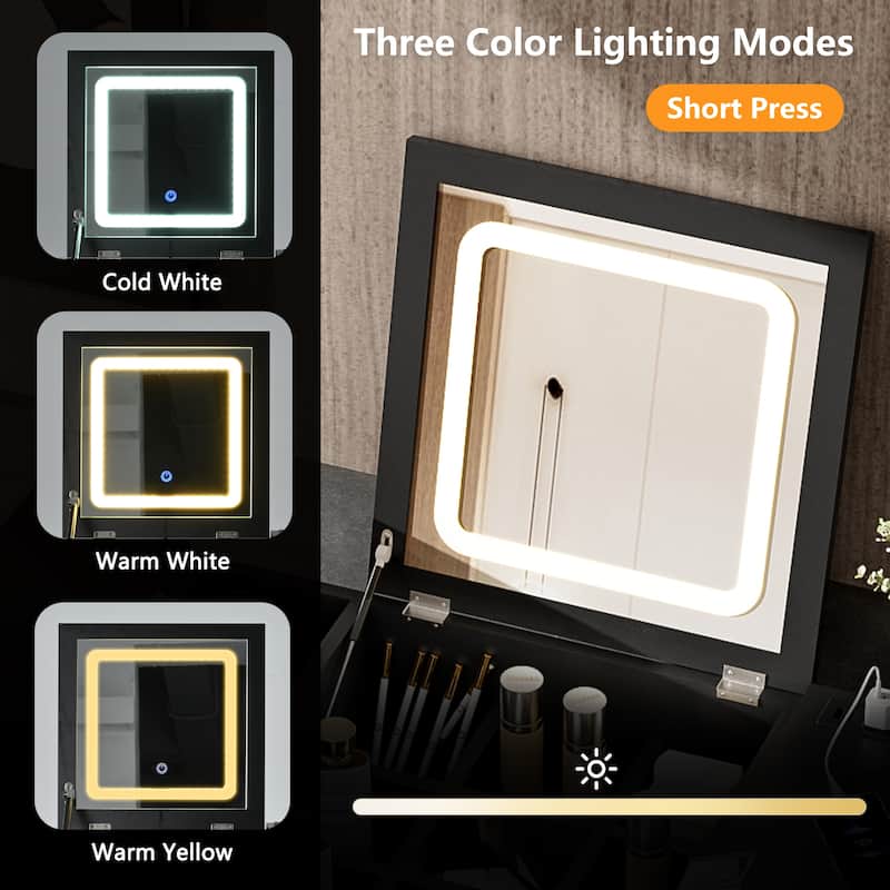 27.9'' Black Makeup Vanity Desk with Flip Top Mirror and LED Light, Dressing Table with Charging Station