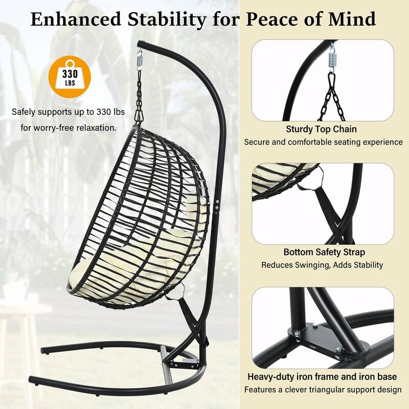 Single Person Folding Egg Chair with Stand, Indoor Outdoor Hanging Wicker Swing Chair with Adjustable Feet