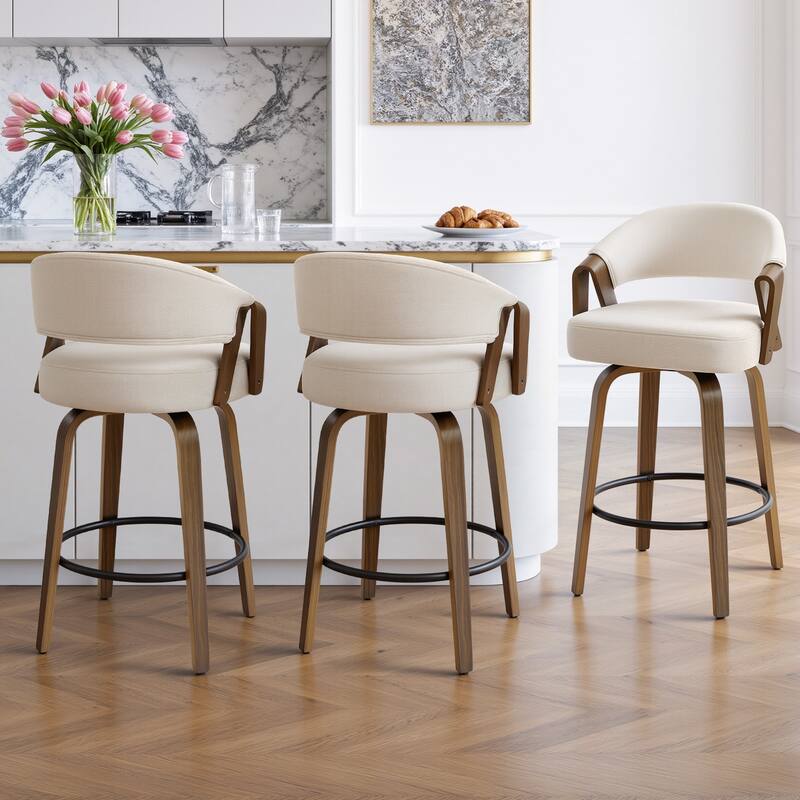 Mid-Century Upholstered Swivel Bar Stool/ Counter Stools with Curved Back - 37.5"H x 20.9"W x 19.9"D