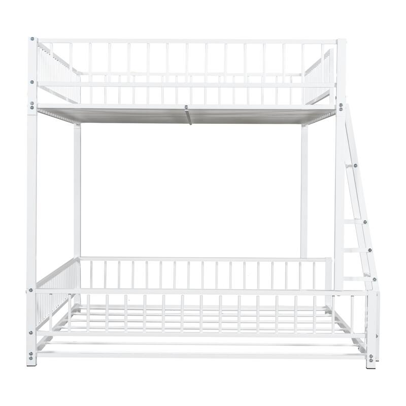 Full XL over Queen Metal Bunk Bed Frame with Ladder and Safety Guardrails, Easy Assembly, White