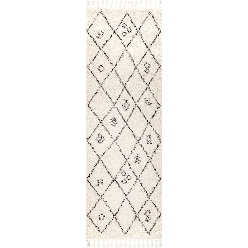 Nuloom Ivory Contemporary Soft Marrakech Diamond Trellis Aztec Tassel Shag Rug