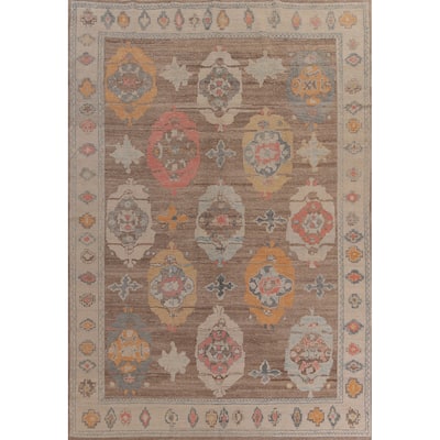 Hand Knotted Oriental 100% Wool Carpet Transitional Geometric Brown Oushak Area Rug - 12' 6'' X 8' 11''