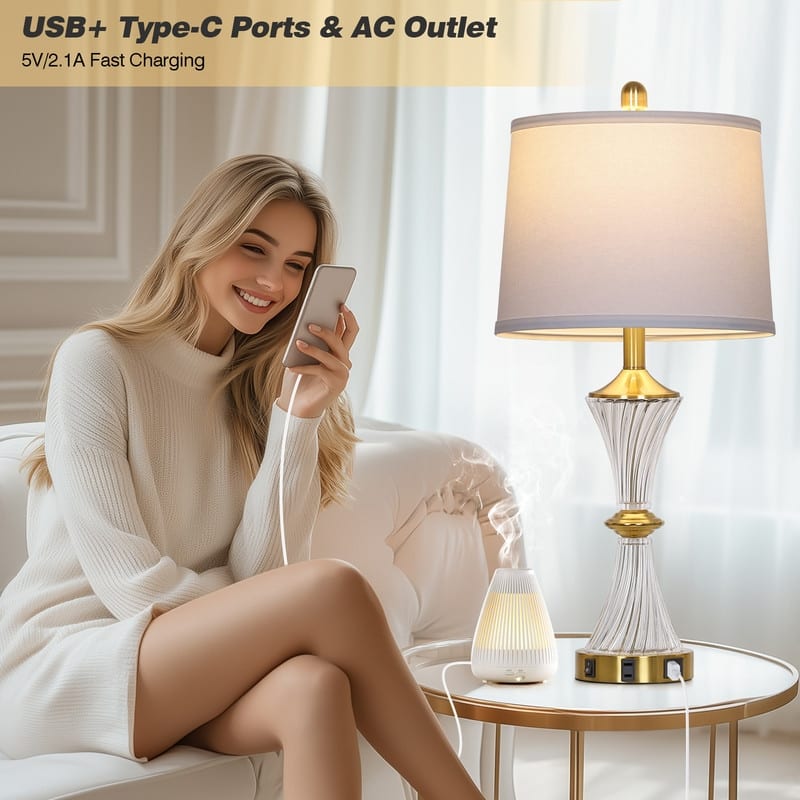 25.5" Gold Brass-Accent Table Lamp with USB-C Charging, Glass Lamp Fixture(Set of 2) - 12'' x 12'' x 25.5''