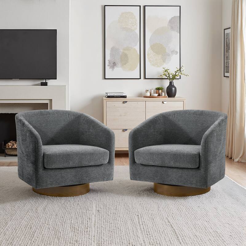 Faux Leather Wide Seat Swivel Barrel Chair - 2 Set/Brown Base - Gray/Chenille