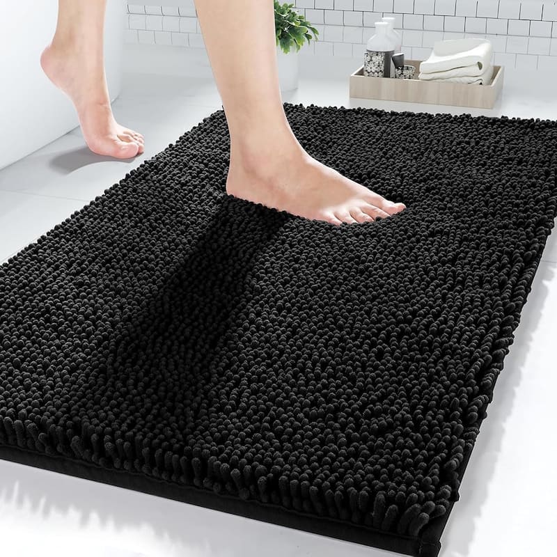 2 Piece Set Black Soft Cozy Plush Chenille Bath Mat Bathroom Rug