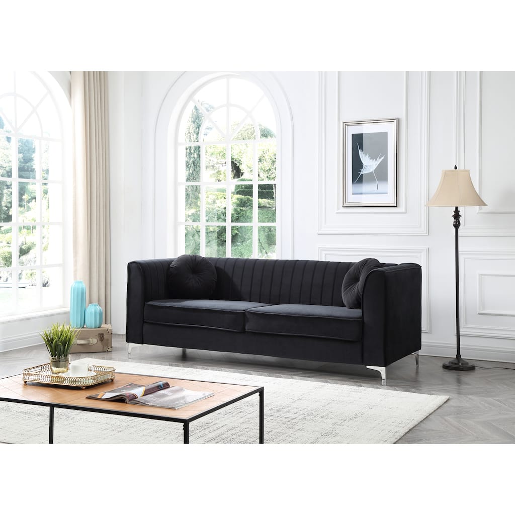 Black Velvet Sofa (87x34x32 inches) with Matching Pillows