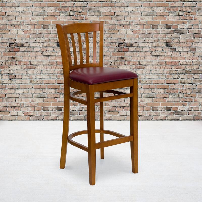 2Pk Vertical Slat Back Wood Restaurant Barstool - Hospitality Seating - Burgundy Vinyl Seat/ Cherry Wood Frame