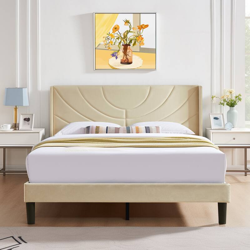 Javlergo Upholstered Bed Frame with Wingback Panel Headboard, No Box Spring Needed - Beige - Queen