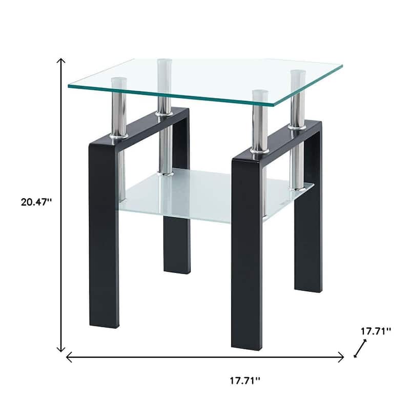 HomeRoots Set of Two Clear and Black Glass and Metal Square End Tables With Shelf - 17.71 in. x 20.47 in. x 17.71 in.