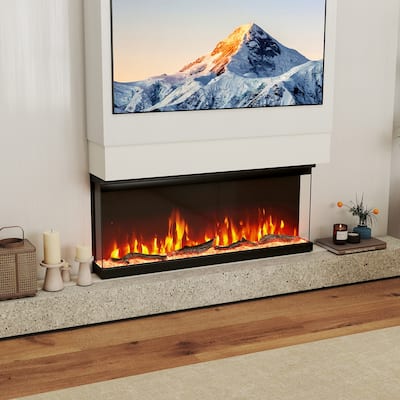 Black 3-Sided Electric Fireplace with Remote and Panoramic Tempered Glass Flames 5000 BTU Heater