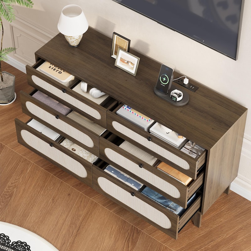 6-Drawer Rattan Dresser with Power Outlet, Wooden Chest of Drawers