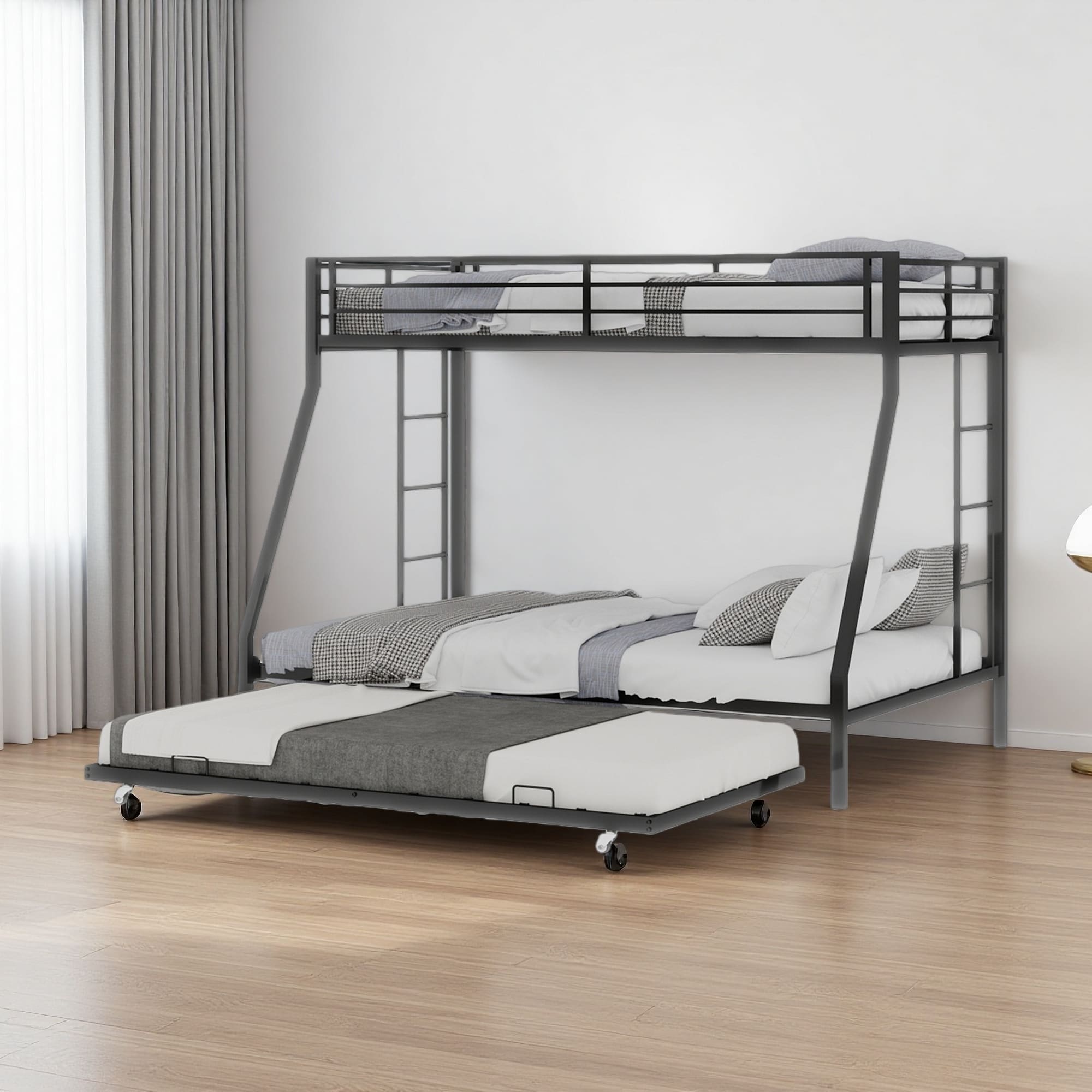 Queen Iron Bunk Bed, Square Tube Frame, Ladder & Rolling Trundle