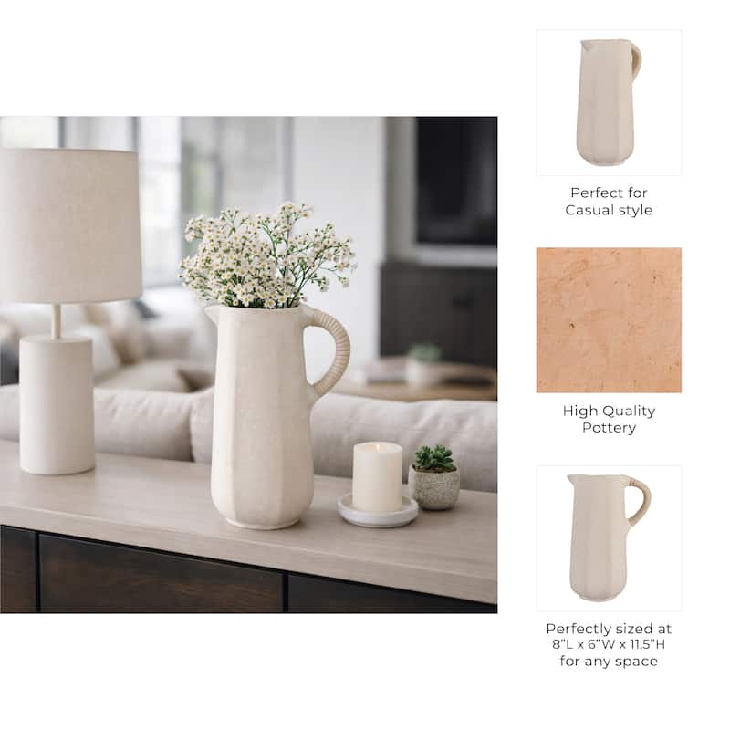 Pottery Vase with Woven Rattan Handle - Tall Flower Vase