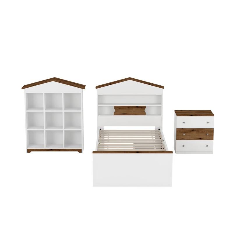 2/3/4-Piece Bedroom Set, Twin/Full/Queen, Wooden Bed, 2 Nightstands, Dresser, Sliding Door Headboard, White/White+Brown