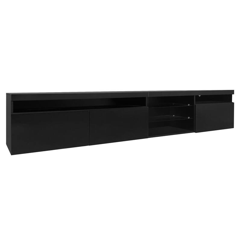 Unique TV Stand with Adjustable LED Lights and 2 Glass Shelves, Media Console for TVs Up to 105"