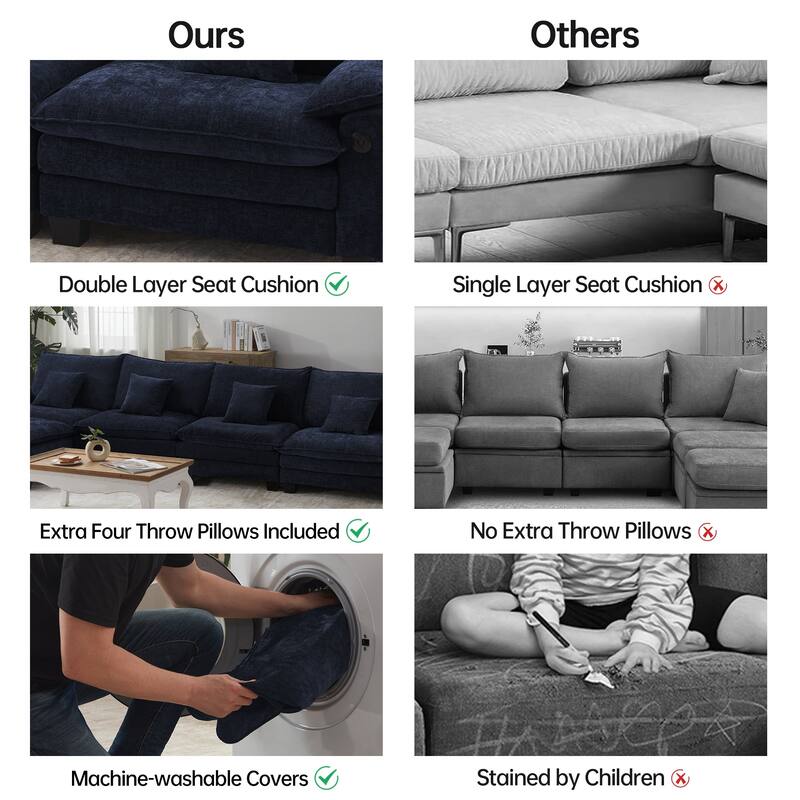 144" Modular Compression Sofa Set Convertible Sectional Sleeper Couch with 2 Ottomans