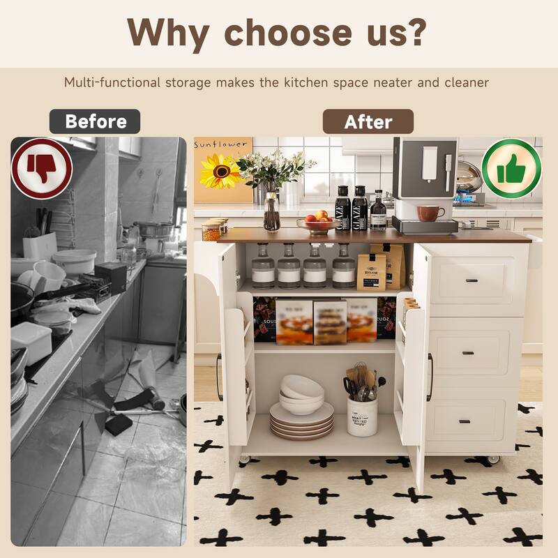 Kitchen Island Cart with Foldable Tabletop & Drop Leaf - Mobile Breakfast Bar on Wheels with Wood Top and Storage