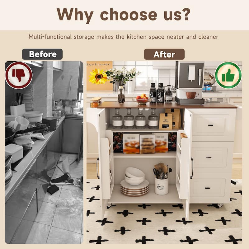 Rustic Kitchen Island, White Walnut Breakfast Bar, Mobile Rolling Storage Cart