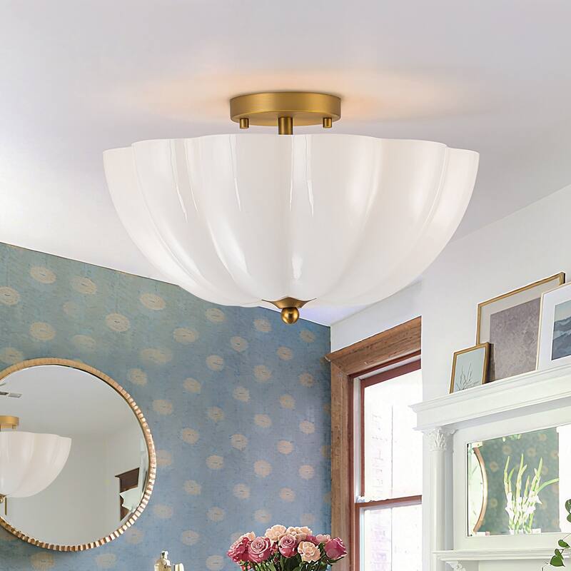 3 Light Glass Ceiling Light Fixture Gold Semi Flush Mount Ceiling Light Fixture - Gold-Polished Opal Glass
