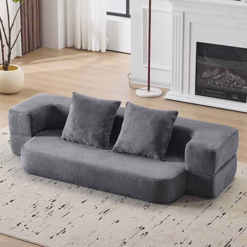 74.81" Faux Fur 3-in-1 3-Seater Floor Sofa, Converts to Bed with Memory Foam