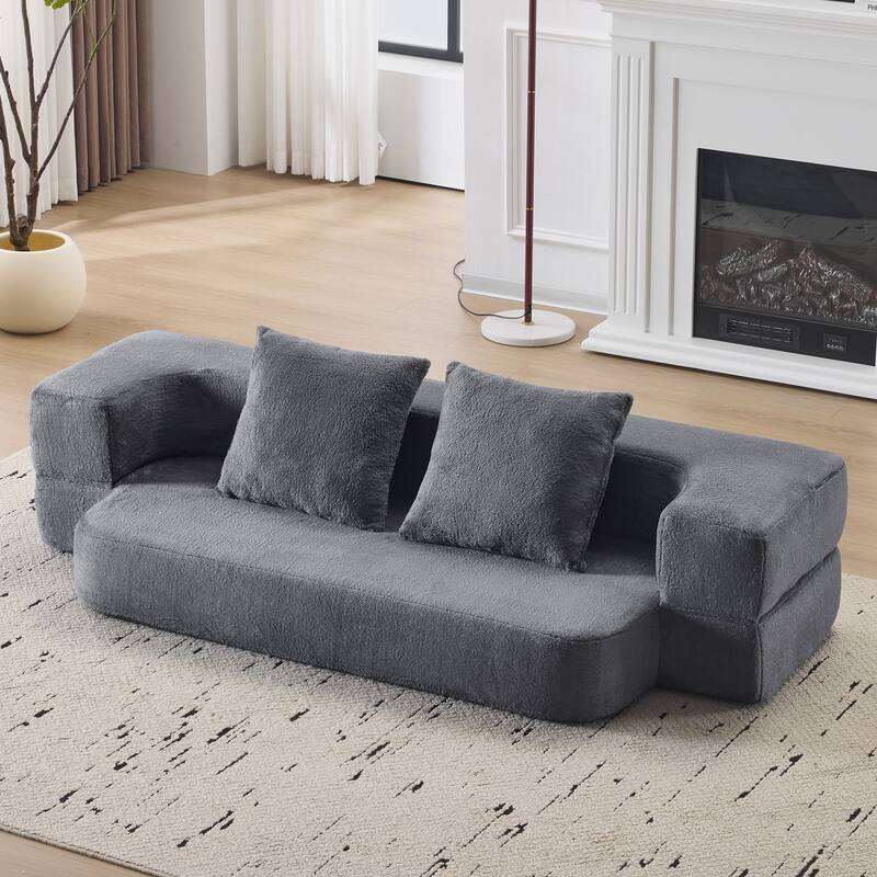 Transformable Sectional Sofa with 3 Ottomans - Fold-Out Bed, Light Grey Chenille Lounger in Faux Fur