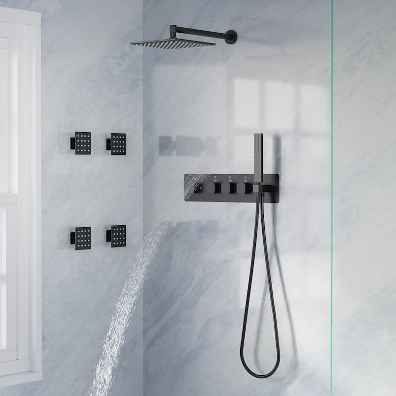 Thermostatic Shower System with 10" Ultra-Thin Square Shower Head,Body Jets And Hand Shower