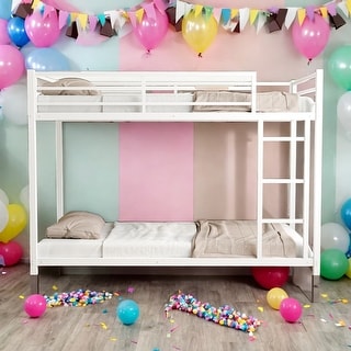 Twin over Twin Metal Bunk Bed/ Heavy-duty Sturdy Metal/ Noise Reduced/ Safety Guardrail/No Box Spring Needed,White
