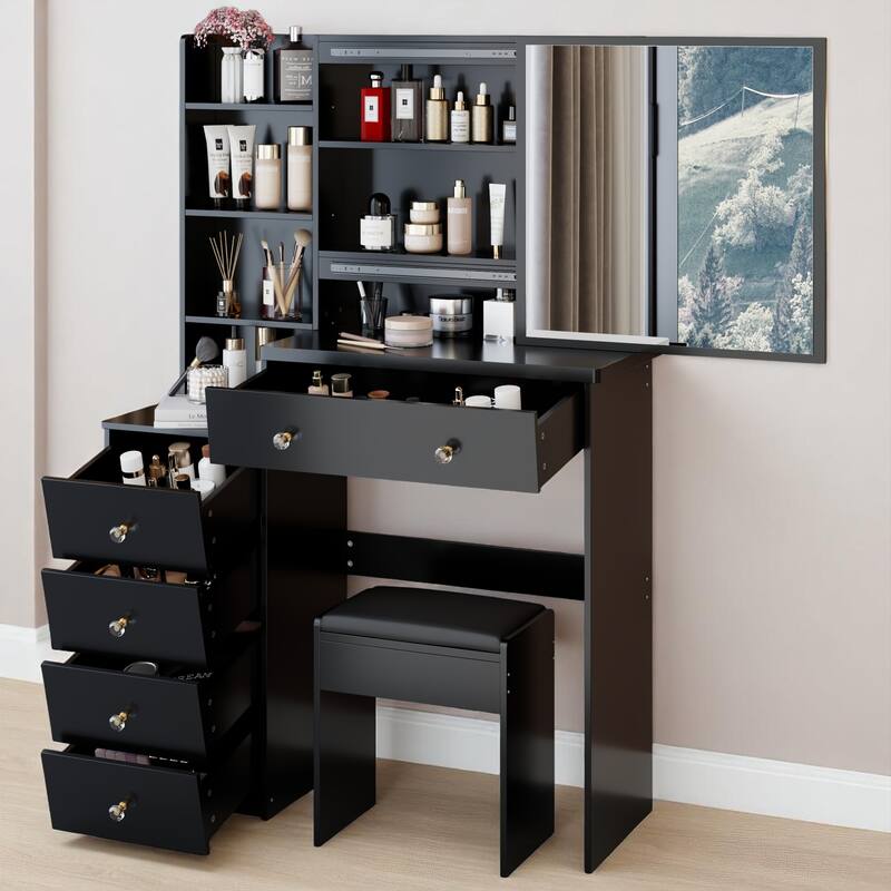 Makeup Vanity with Extra Large Sliding Mirror, 2-Piece Set with Stool, 37" Dresser with Ample Storage