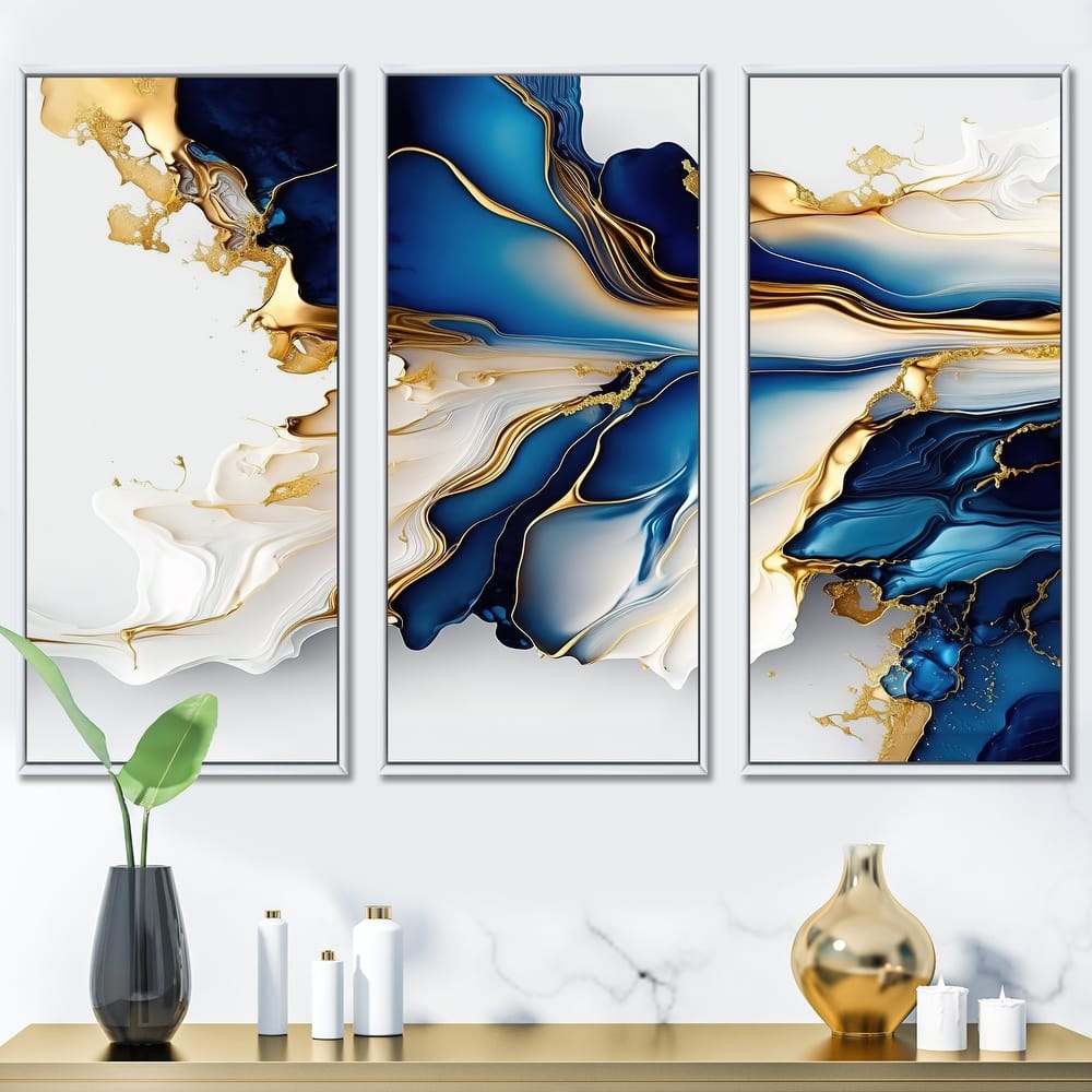 Designart "Abstract Geode Gold And Blue Marble Shape III" Modern Geometric Framed Canvas Art Print - 3 Panels