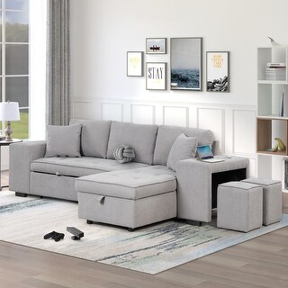 Gray Convertible L-Shape Sleeper Sectional Sofa Bed with Storage - Bed ...