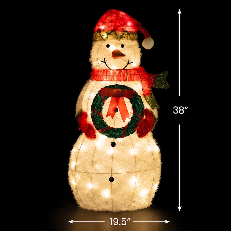 38" Lighted White Red Tinsel Snowman Wreath Outdoor Christmas decor