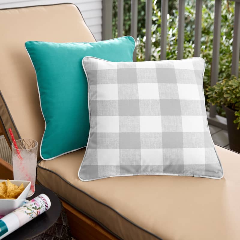 Aqua Blue with Grey and White Check Indoor/ Outdoor Pillows (Set of 2)