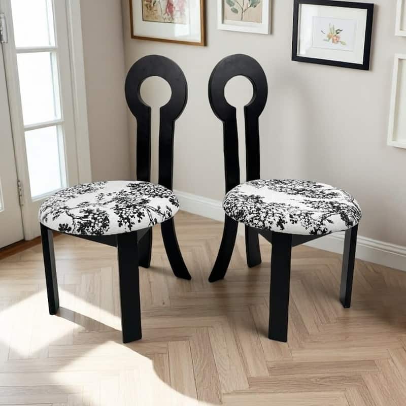 Dining Chairs Set of 2, Key-Design Home Chairs, Velvet Upholstered Solid Wooden Dining Chairs with Round Cushion - White+Black