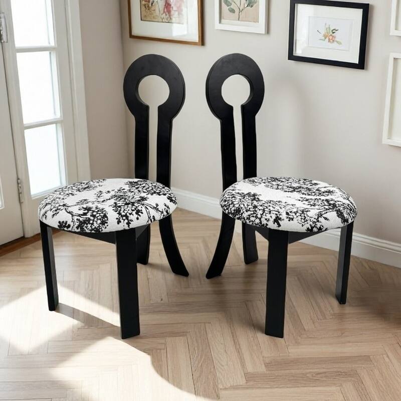 Dining Chairs Set of 2, Solid Wood Dining Chairs with Key-Back Design & Round Cushions for Kitchen, Dining Room - White Black