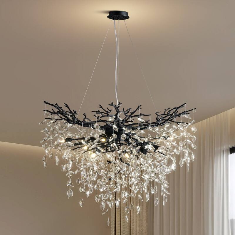 Modern Round Branch Crystal Chandelier, 600-1200mm Diameter, Marquise Cut Crystal Pendant Light - 40in - Black