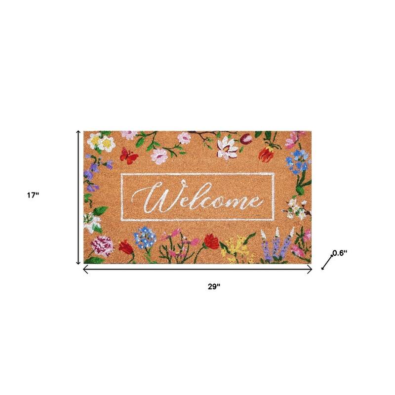 HomeRoots 17" X 29" Brown White And Green Floral Welcome Outdoor Coir Door Mat - 17.00' X '29.00
